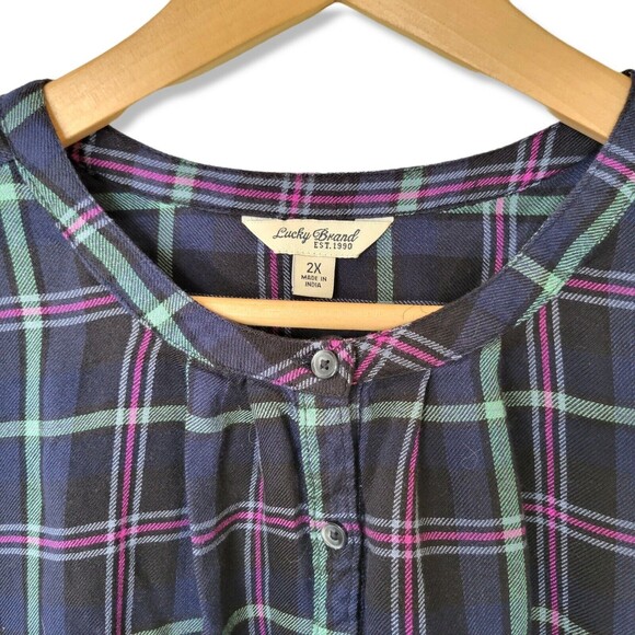 Lucky Brand Henley Popover Rayon Tunic top Plus 2XL Green Plaid Blue Black Prep - Picture 2 of 12